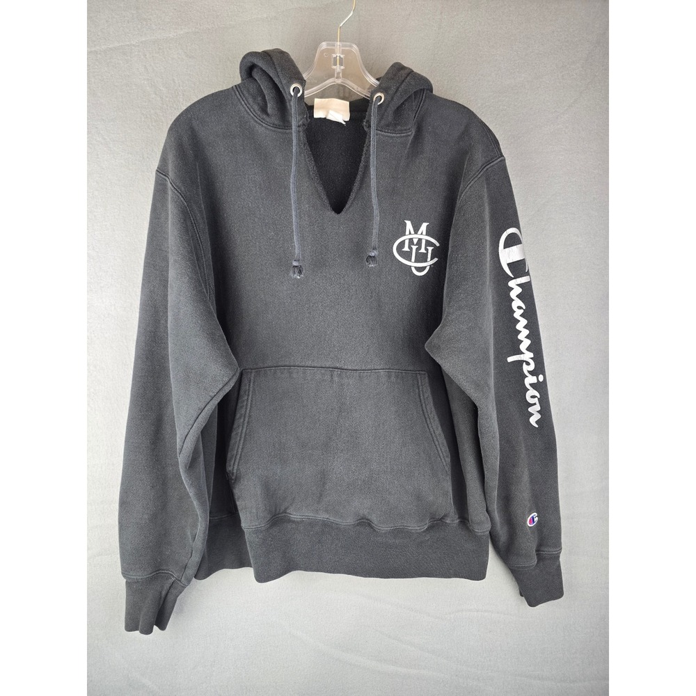 Vintage Champion Men's M Black Reverse Weave Hoodie MU Logo Sweatshirt Pullover